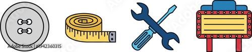 Sewing and Maintenance Tool Icons with Button Measuring Tape Wrench and Cinema Sign