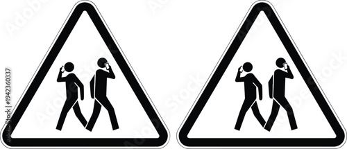 Pedestrian warning sign with people using mobile phones while walking, distracted walking hazard symbol, road safety traffic sign vector isolated on white background
