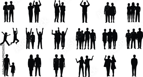 People group silhouettes collection with friends, couples and families standing and celebrating, human crowd poses set, social interaction vector isolated on white background