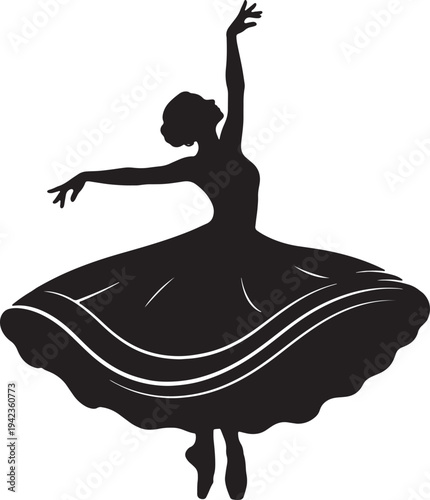 Silhouette of an elegant ballet dancer performing in a wide flowing dress. A graceful ballerina dancing in a flowing skirt.