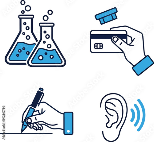 Business and Science Icons Set with Laboratory Flasks, Payment and Writing