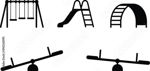 Playground equipment silhouettes, swing set, slide, climbing dome, seesaw icons, black vector illustration, children play area, outdoor recreation, design elements