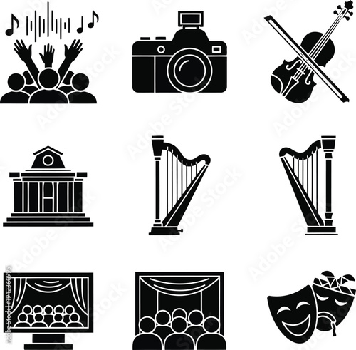 Entertainment and Culture Icon Set with Musical Instruments Theater Masks and Concert Crowd