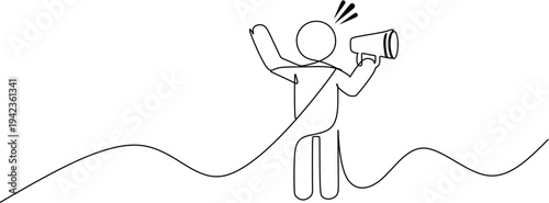 Continuous one line drawing of man holding megaphone shouting for announcement minimalist vector illustration