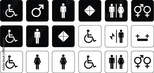 Public restroom and accessibility icons set, male female gender symbols, wheelchair access and facility signage collection, universal toilet pictogram vector isolated on white background