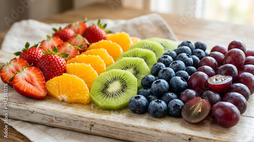 Close-up macro shot of rainbow fruit arrangement with strawberries, oranges, kiwi, blueberries, and grapes on rustic wood.