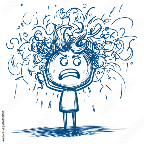 An illustration depicts a stick figure person overwhelmed with stress and anger. , vector style simple color