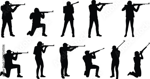 Black silhouette of professional shooters and hunters holding rifles in different firing positions set on white background for hunting and shooting sport competition.