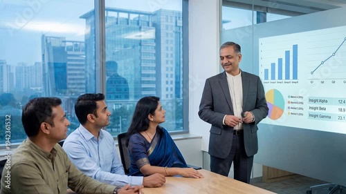 Mid adult Indian business leader presenting market analysis and performance charts to corporate team during formal indoor office meeting, with woman asking question during the presentation
