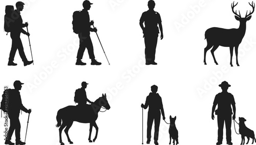 Collection of outdoor adventure silhouettes featuring hikers with backpacks and trekking poles, a horseback rider, a majestic deer, and explorers walking with dogs.