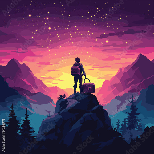 A solitary adventurer stands on a mountain peak reaching for a shining treasure chest. , vector style simple color