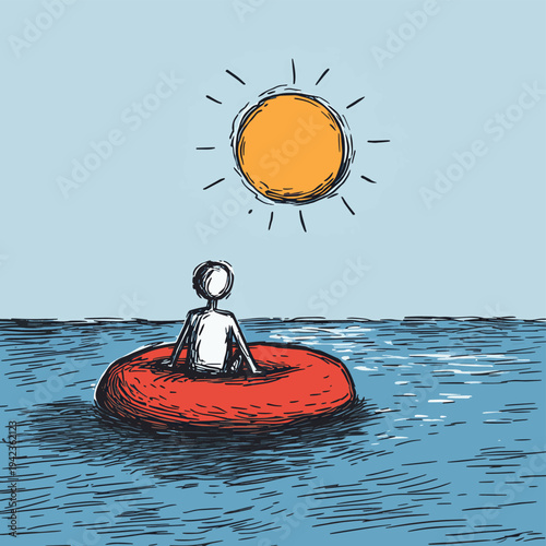 A stick figure relaxes on an inflatable raft in the ocean under a bright sun. , vector style simple color