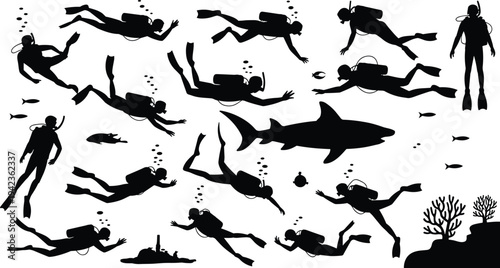 Scuba divers underwater silhouettes with shark and sea life, diving sport ocean exploration marine adventure vector illustration set