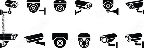 Security camera icons collection, CCTV surveillance system symbols set, monitoring protection technology vector illustration isolated black silhouette design