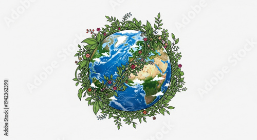 Earth surrounded by lush greenery and vibrant flowers symbolizing environmental conservation and sustainability