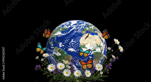 Earth globe surrounded by colorful butterflies and vibrant flowers on black background symbolizing nature and environmental conservation