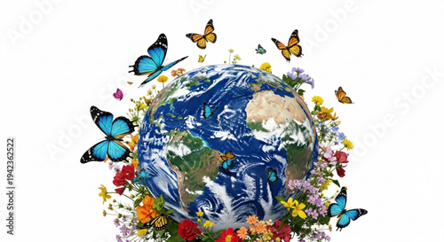 Vibrant earth globe surrounded by colorful butterflies and diverse flowers on white background