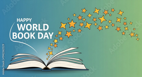 Happy world book day open book with stars flying out reading celebration literacy education concept