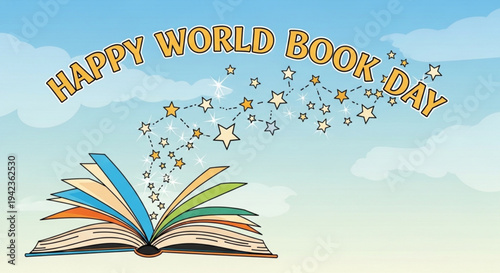 Colorful illustration of an open book with stars and 'happy world book day' text on blue sky background