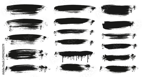 Schilderij op canvas Black and white grunge paint brush strokes and ink splash banner set