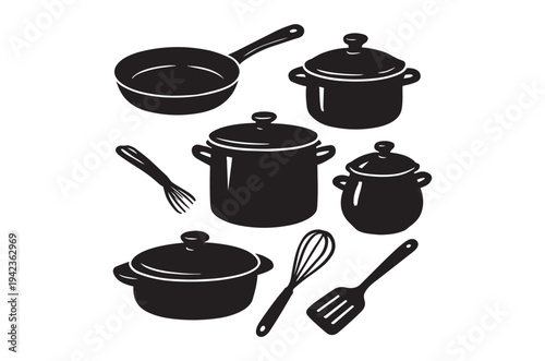 Black silhouette icons depicting various cooking pots pans and utensils