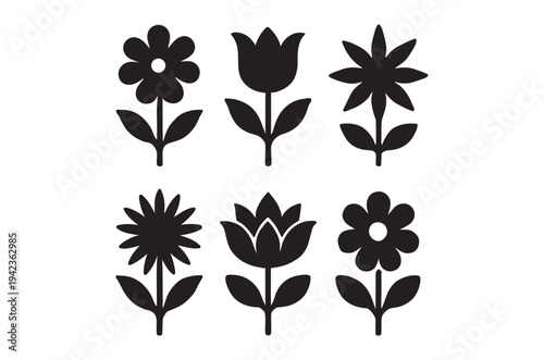 A collection of minimalist black floral silhouettes arranged in a grid