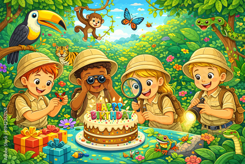 Four explorers celebrating a birthday in a lush jungle with a cake surrounded by gifts and wildlife