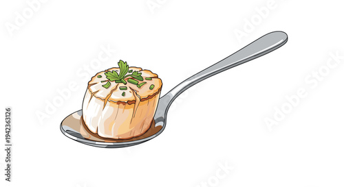 A perfectly seared golden-brown scallop garnished with fresh green herbs rests elegantly within a shiny silver spoon on a white background.