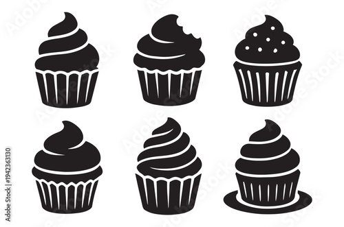 Six black and white illustrations of decorated cupcakes on white background