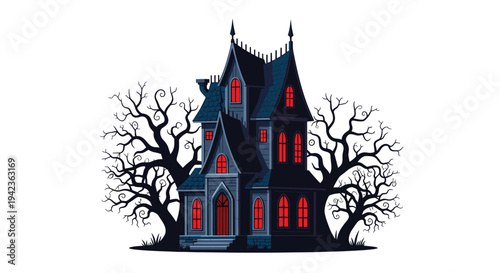 An imposing dark gothic haunted house with glowing red windows is flanked by two gnarled bare trees on a white background.