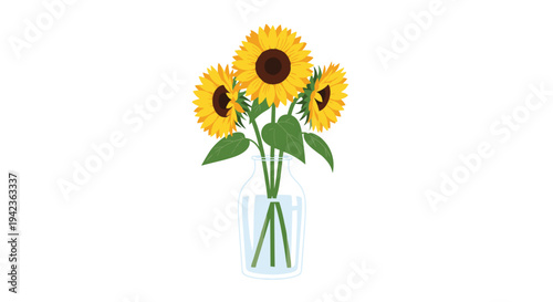 Three vibrant yellow sunflowers with dark centers and green leaves are elegantly arranged in a clear glass vase filled with water.