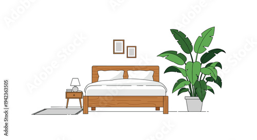 A modern bedroom setup displays a wooden bed with white linens, a nightstand, two wall pictures, and a tall green potted plant on a clear background.