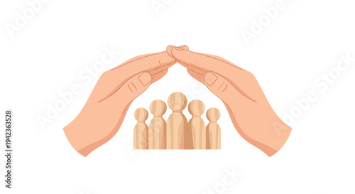 Two human hands form a protective roof over five wooden peg-doll figures of varying sizes, representing a family, centered on a white background.