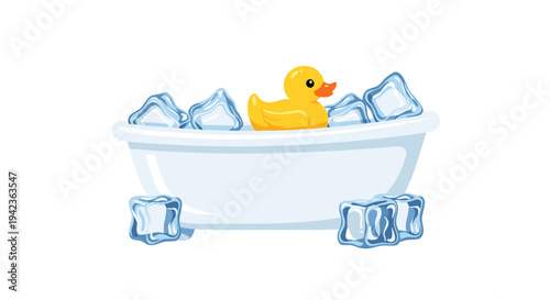 A cheerful yellow rubber duck is floating amidst many translucent ice cubes inside a clean white bathtub on a plain background.