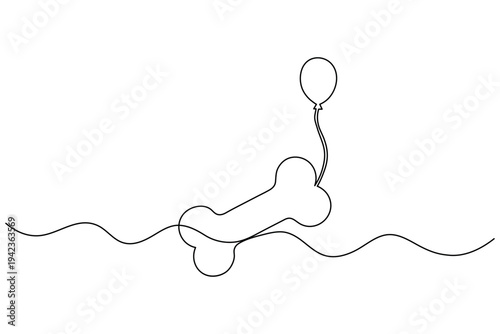 Dog bone with balloon continuous one line art drawing minimalist outline vector illustration 