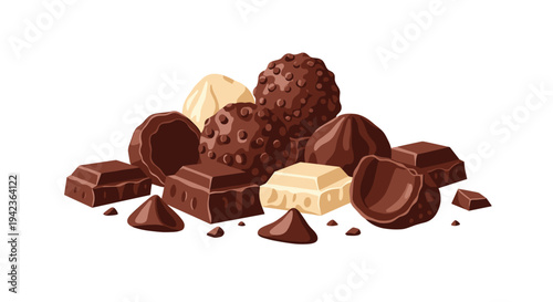 A delectable pile of various chocolates, including smooth truffles, chunky bars, and irregular pieces, is scattered on a white surface.