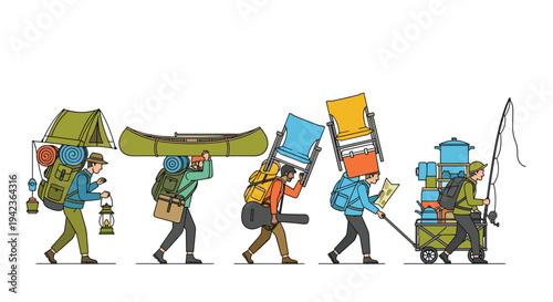 Five individuals are walking in a line, each carrying or pulling various pieces of camping and outdoor equipment.