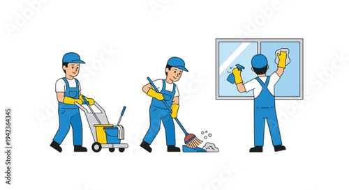 Three male cleaners in blue uniforms are performing various tasks including pushing a cart, sweeping a floor, and washing a window.