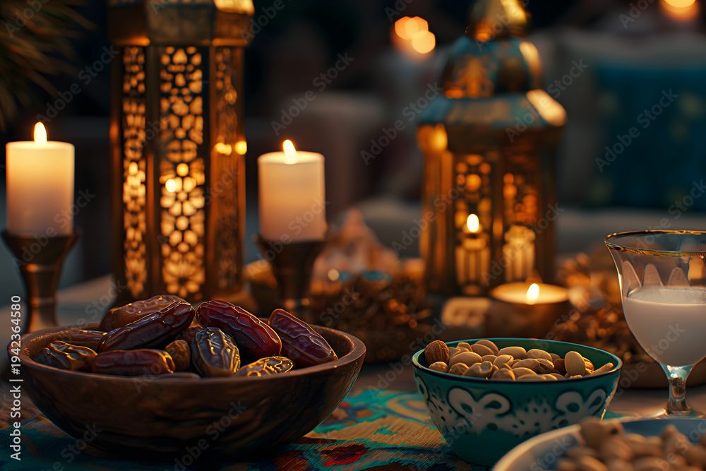 Fototapeta premium Expansive Luxury Ramadan Iftar Celebration Dinner Table with Moroccan Hanging Lanterns, Arabic Food Spread and String Lights at Golden Hour