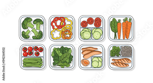 Eight clear square meal prep containers are neatly organized, each filled with various fresh vegetables, grilled salmon, and lentils.