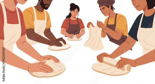 A diverse group of five people wearing aprons are actively engaged in kneading, stretching, and rolling dough on a white surface.