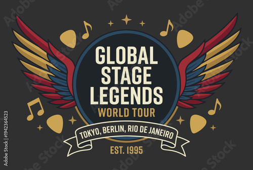 This image encapsulates the spirit of music with a vibrant graphic design representing a world tour, featuring notable cities and dynamic elements symbolizing musical passion and excitement.