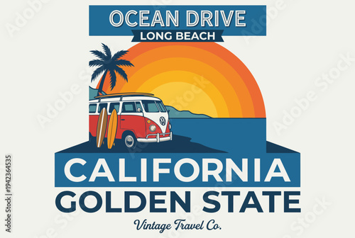 Tablou pe pânză This image features a retro-inspired scene of Ocean Drive in Long Beach, showcasing vintage vans and a vibrant sunset over the ocean, evoking nostalgia and coastal charm