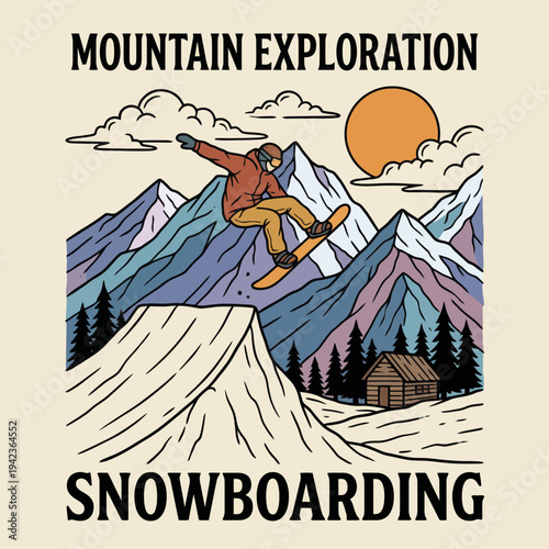 This dynamic illustration depicts a snowboarder mid-air over a slope, set against a backdrop of majestic mountains and a radiant sun, inspiring a sense of thrill and adventure in winter sports.