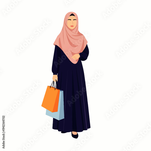 Islamic Fashion Icon: A woman in a modest ensemble, showcasing elegance in a headscarf, holding shopping bags, embodying cultural poise and style.