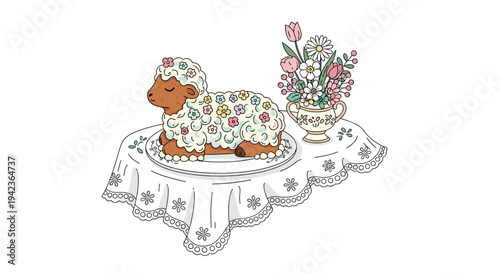A brown lamb-shaped cake with pastel flower decorations rests on a white plate atop a lace-edged tablecloth with a floral bouquet.