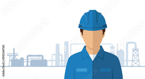 A faceless male worker in a blue hard hat and uniform stands in the foreground with a silhouetted industrial complex behind him.