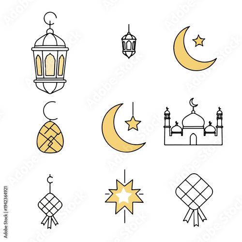 Cultural Elements of Eid Mubarak: An illustration showcasing key symbolic elements of Eid Mubarak, embodying the spirit of celebration, unity, and reflection. 