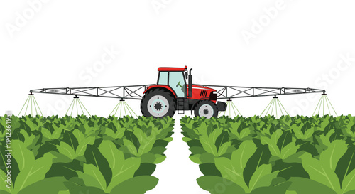 A red tractor with a wide sprayer attachment is centrally positioned, actively spraying green crops in neat rows on a white background.