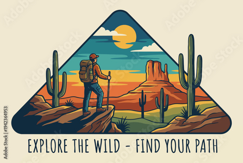 An inspiring scene of an adventurer standing on a rocky outcrop, gazing at a vibrant desert vista, symbolizing the pursuit of exploration and the beauty of the wild.